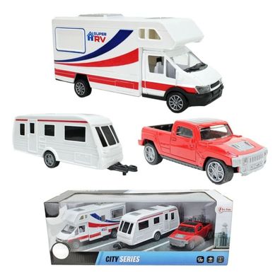 Toi-Toys Modellfahrzeug Set Wohnmobil + Wohnwagen + Pick-Up-Truck Camping Campen
