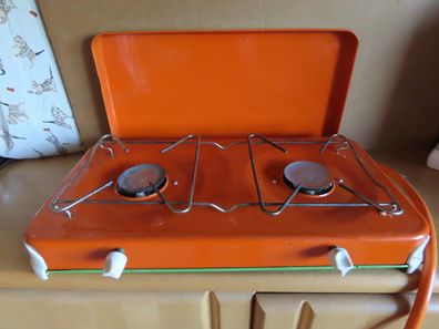 Gaskocher 2-flammig orange grün mit Deckel GOK Typ 01015 Propan/ Butan