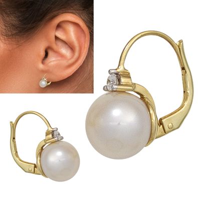 1 Paar Perlen Ohrhänger 16mm 14 Karat 585 Gelbgold Diamanten 0,10 ct. W/ SI