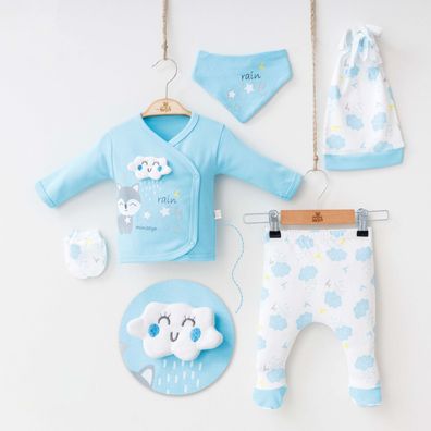 5 teiliges Set für Babys 0-3 Mon. hellblau, Natur Baumwolle 100% Neu (Gr. 0-3 Monate)