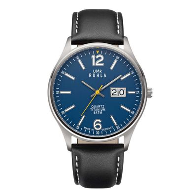 UMR Ruhla Classic Herren Armbanduhr Titan 17076 Groß-Datum Lederband blau