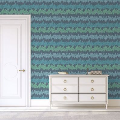 Blaue Folk Art Tapete Boho Feder-Streifen für Homeoffice, Flur und Foyer