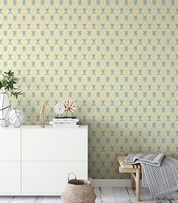Gelb-Blaue Floral Impression Tapete Die Blumenranke für Wohn und Schlafzimmer
