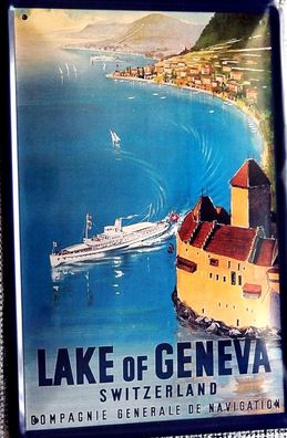 Top-Blechschild, 20 x 30 cm, Lake of Geneva, Genfer See, Schweiz, Neu, OVP