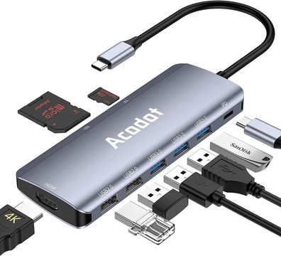 USB C Hub, Adapter mit 4K HDMI Ausgang, PD 100W,3 USB 3.0, 2 USB 2.0, SD/ TF Leser