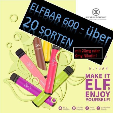 ELFBAR 600 E-Shisha E-Zigarette ohne mit Nikotin Einweg 0mg & 20mg to go 36 SORTEN