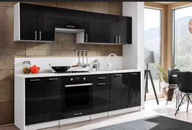 Küche Küchenzeile schwarz 240cm Glanz Küche individuell stellbar Küchenblock
