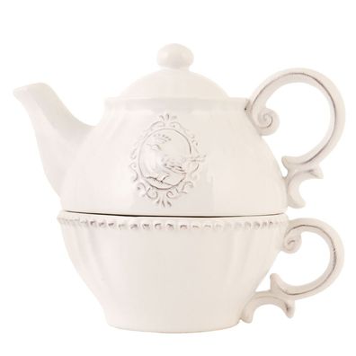 Clayre & Eef Tea for One 400 ml Beige Keramik Rund Vogel (Gr. 18x12x16 cm / 400 ml)