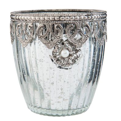Clayre & Eef Teelichthalter Ø 10x10 cm Silberfarbig Glas (Gr. Ø 10x10 cm)