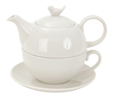 Clayre & Eef Tea for One 400 ml Weiß Keramik Rund Vogel (Gr. 16x15x14 cm / 400 ml)