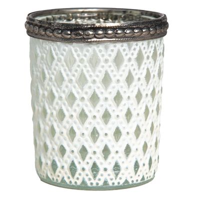 Clayre & Eef Teelichthalter Ø 6x7 cm Weiß Silberfarbig Glas Metall (Gr. Ø 6x7 cm)