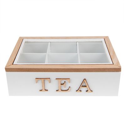 Clayre & Eef Teebox mit 6 Fächern 23x17x8 cm Weiß Braun MDF Glas Tea (Gr. 23x17x8 cm)