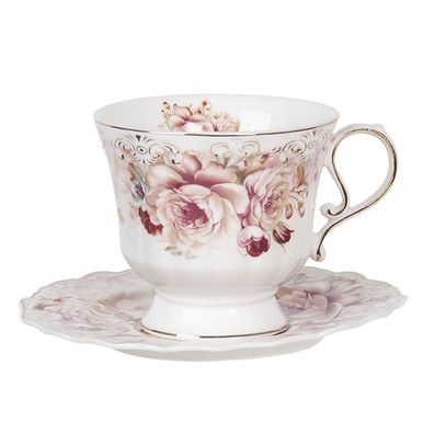 Clayre & Eef Tasse mit Untertasse 175 ml Weiß Rosa Porzellan Rund Blumen