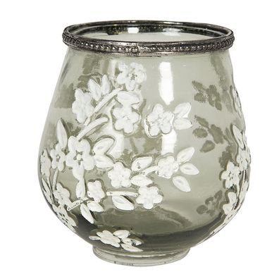 Clayre & Eef Teelichthalter Ø 12x13 cm Grün Weiß Glas Metall Blumen (Gr. Ø 12x13 cm)