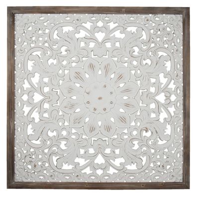 Clayre & Eef Wanddekoration 95x4x95 cm Weiß Holz Quadrat Blumen (Gr. 95x4x95 cm)
