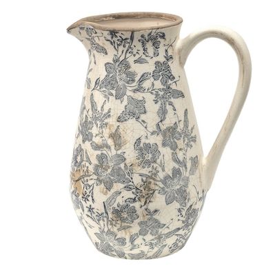 Clayre & Eef Dekorative Kanne 24x17x30 cm Grau Beige Keramik Blumen (Gr. 24x17x30 cm)