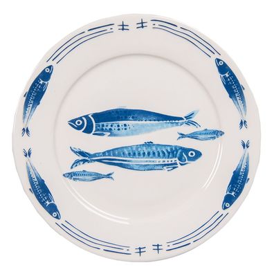 Clayre & Eef Frühstücksteller Ø 20 cm Weiß Blau Porzellan Fische (Gr. Ø 20x2 cm)