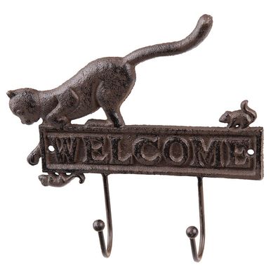 Clayre & Eef Wandhaken Katze 22x5x20 cm Braun Eisen Welcome (Gr. 22x5x20 cm)