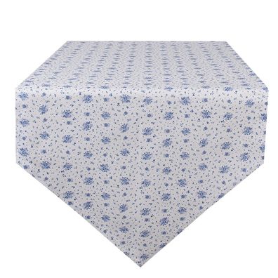Clayre & Eef Tischläufer 50x160 cm Weiß Blau Baumwolle Rechteck Rosen (Gr. 50x160 cm)