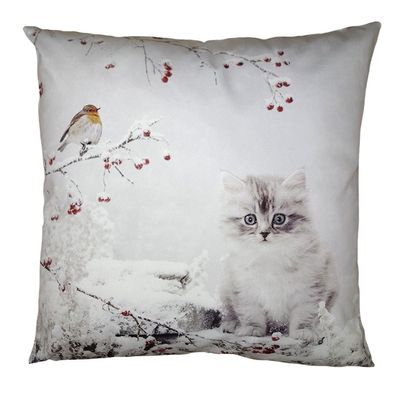 Clayre & Eef Kissenbezug 45x45 cm Weiß Polyester Katze (Gr. 45x45 cm)