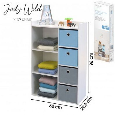 Judy Wild Kinder Holzregal 62 x 29,5 x H96 cm Kinderregal mit 4 Boxen blau-grau