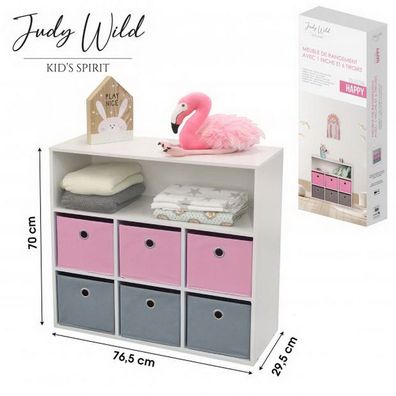 Judy Wild Kinder Holzregal 76 x 29,5 x H70 cm Kinderregal mit 6 Boxen Rose-Pink