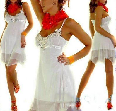 Sexy Miss Damen Chiffon Mini Kleid Babydoll Style Pailletten Silber 34 38 weiß