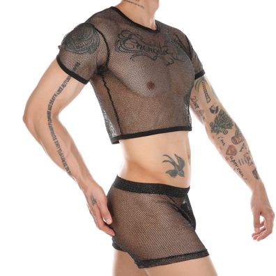 Herren 2er Netz Crop Top Pants Set See Through Black Fishnet Shirt Hose FetischAnzug