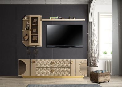 beige rtv low tv schrank kommode + wandregal wohnzimmer moderne holz designmöbel