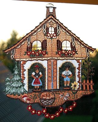 Plauener Spitze Fensterbild Wetterhäuschen Fensterdekoration Landhaus