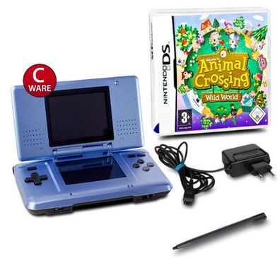 DS Handheld Konsole metallic hellblau #60C + Kabel + Animal Crossing Wild World