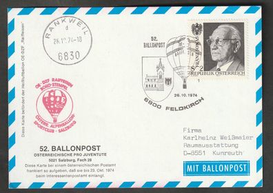 Ballonpost Österreich 52. Ballonpost mit Ballon Raiffeisen Feldkirch 26.10.1974