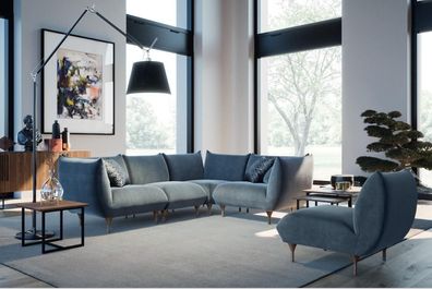 Wohnzimmer Set Ecksofa L-Form Sessel Design Couch Holz Textil Eckgarnitur
