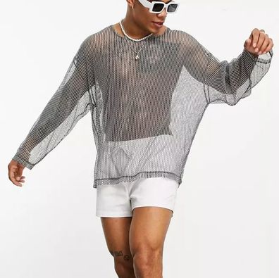 Herren aushöhlen Sweatshirt Netz Pullover Langarm Unterhemd elastisch Tops Silber