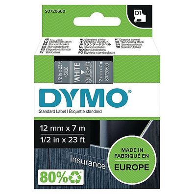 Schriftband Dymo D1 45020, Breite: 12mm, weiß auf transparent