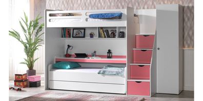 Etagenbett SMART mit großem Schreibtisch und Treppe, in 3 Farbvarianten
