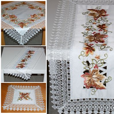 Tischdecke Tischläufer Deckchen Bestickt Herbst Blätter Spitze Tischdekoration Weiß