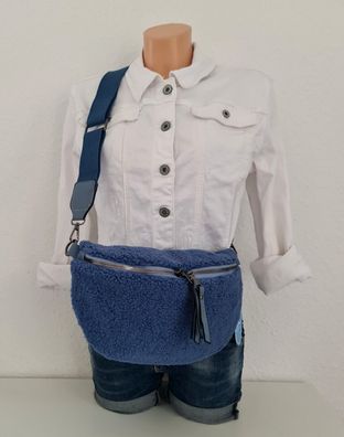 Bauchtasche Gürteltasche Brusttasche Cross Body Bag Teddyfell uni Gurt Jeansblau