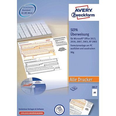 Sepa-ßberweisung Avery Zweckform 2817, bedruckbar inkl. Software-CD, A4, 100 Bl