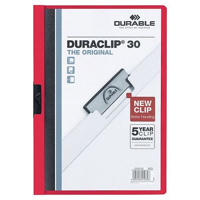 Klemmmappe Durable Duraclip 2200, A4, Fassungsvermögen: 30 Blatt, rot