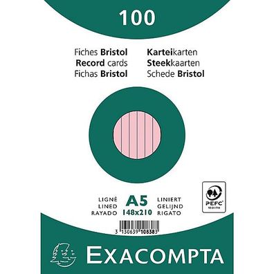 Karteikarten Exacompta, A5 liniert, 205g, rosa, 100 Stück