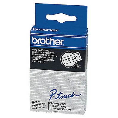 Schriftband Brother TC201, Breite: 12mm, laminiert, schwarz auf weiß