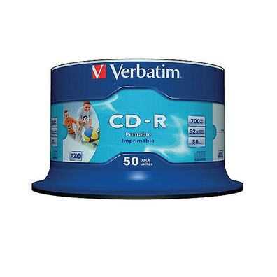 CD-R Verbatim 43438, 700MB, 80Min, 52x, bedruckbar, Spindel mit 50 Stück