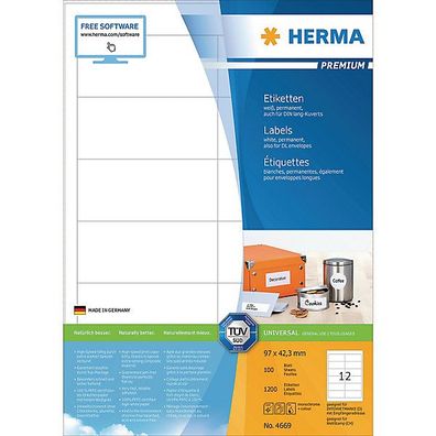 Etiketten Herma 4669 Premium, 97 x 42,3mm (LxB), weiß, 1200 Stück