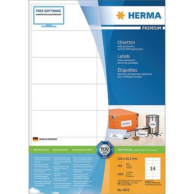 Etiketten Herma 4625 Premium, 105 x 42,3mm (LxB), weiß, 2800 Stück