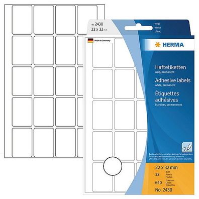 Universal-Etiketten Herma 2430, 22 x 32mm (LxB), weiß, 640 Stück