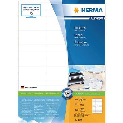 Etiketten Herma 4459 Premium, 70 x 16,9mm (LxB), weiß, 5100 Stéck