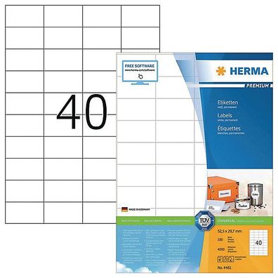 Etiketten Herma 4461 Premium, 52,5 x 29,7mm (LxB), weiß, 4000 Stéck