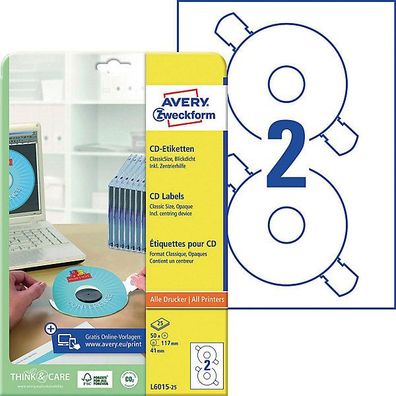 CD/ DVD-Etiketten Avery Zweckform L6015, D 117mm, weiß, 25 Blatt/50 Stück