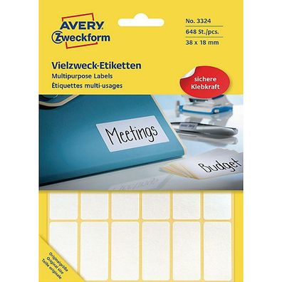 Mini-Etiketten Avery Zweckform 3324, 38 x 18mm (LxB), weiß, 27 Blatt/648 Stück
